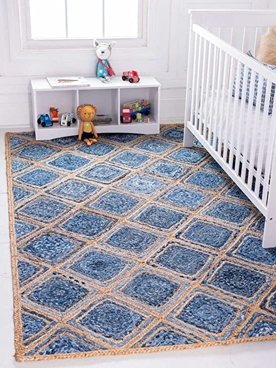 Braided Natural Jute Denim Diamond Design Area carpet