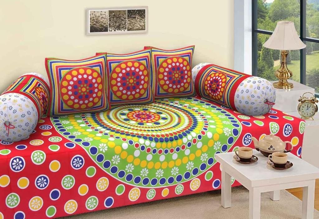 Jaipuri Cotton Red Polka Dot - 6 Pieces Diwan Set