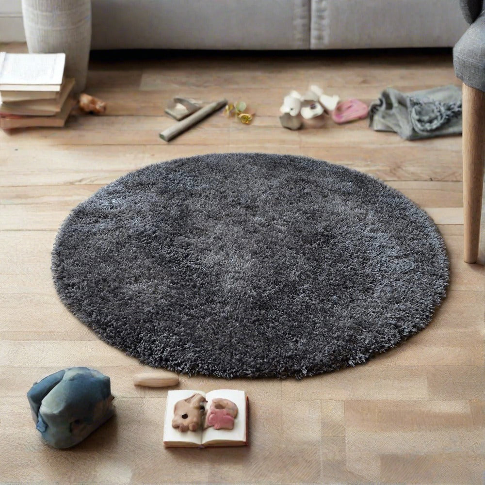 Plain Grey - Premium Round Shaggy Rug