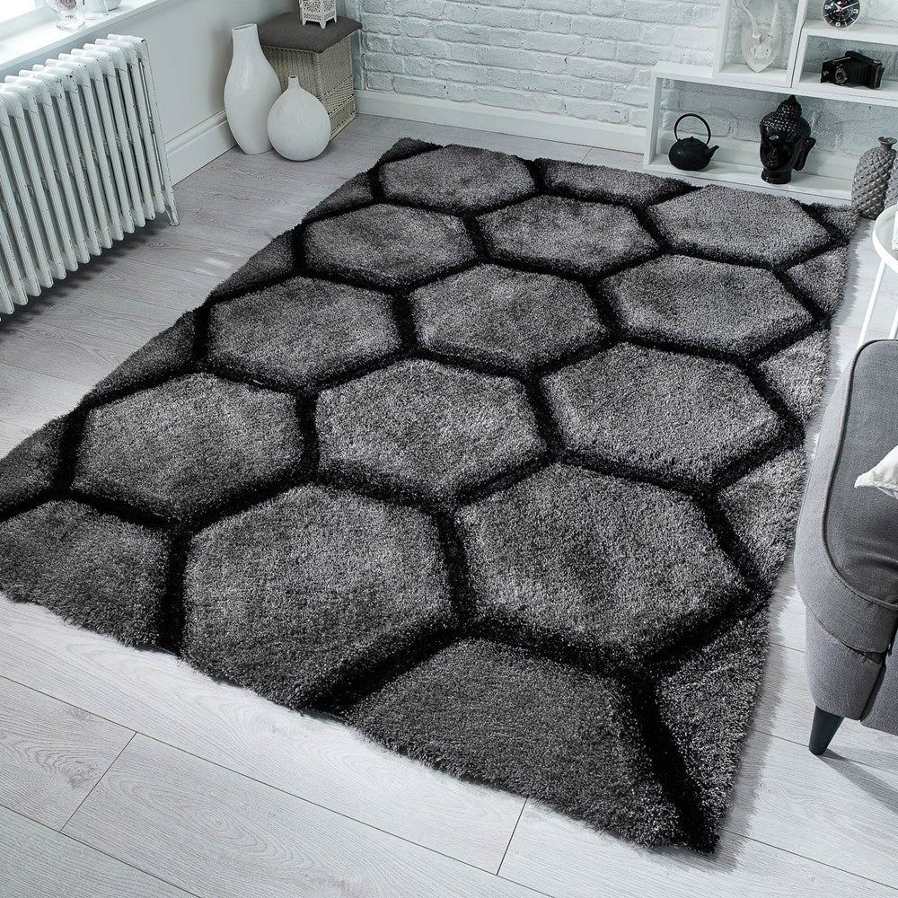 Silver Hexagon Beautiful Premium Shaggy Rug