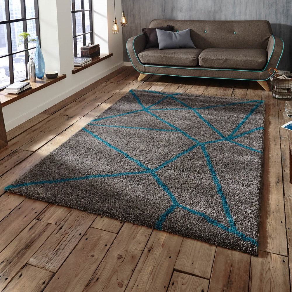 Aqua & Silver Premium Modern Shaggy Rug