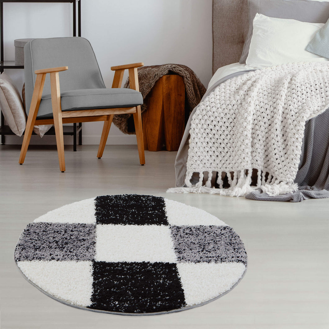 Black with Grey - Premium Round Shaggy Rug